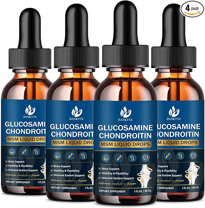 (4 Pack) Glucosamine Chondroitin MSM Liquid Drops, High Absorption, Antioxidant, Immune, Bone Support, MSM Supplement for Men & Women, Vegan, Sugar-Free, Raspberry Flavor, 1 Fl Oz