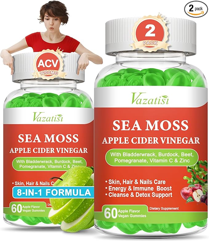 2 Pack Apple Cider Vinegar Gummies, ACV with Sea Moss Gummies for Metabolism, Digestion, Detox, Gut & Immune Health, Apple Flavored -120 Count
