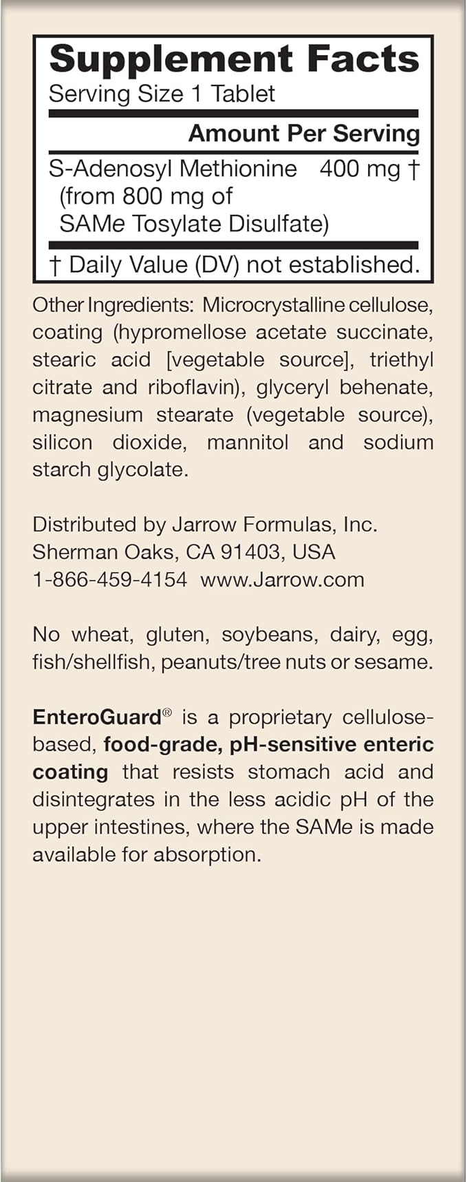 Jarrow Formulas SAMe Supplement 400 mg - 60 Tablets - High Concentration of Active S,S Form - Supports Joint Health, Liver Function, Brain Metabolism, Balanced Mood & Antioxidant Defense - 60 Servings