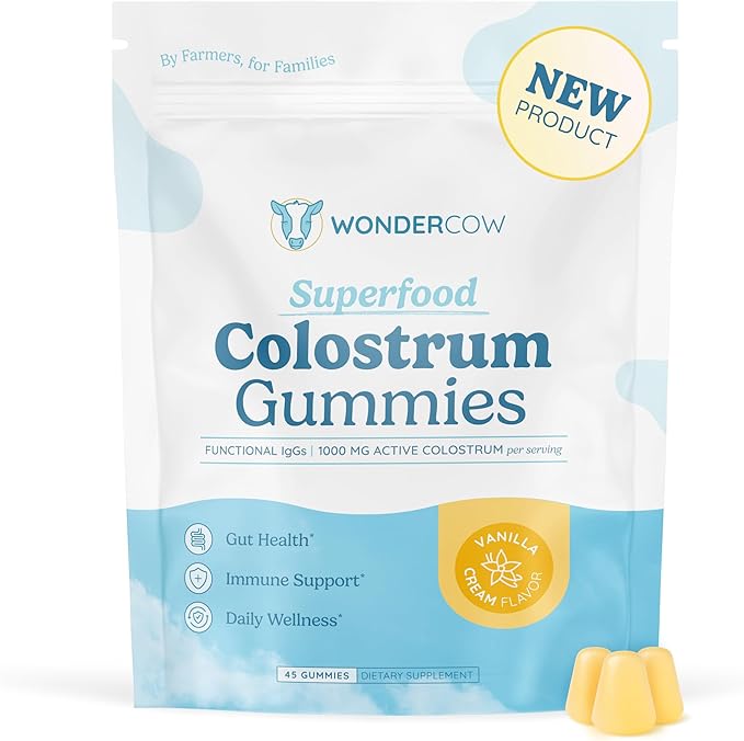 WONDERCOW Colostrum Gummies for Gut Health, Immune Support & Wellness | Natural IgG Whole Bovine Colostrum Supplement, 1,000mg per Serving (45 Gummies (15 Servings), Vanilla Cream)