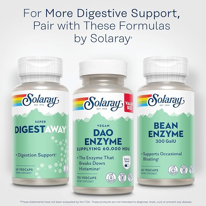 SOLARAY DAO Enzyme - Digestive Enzyme That Breaks Down Histamine - 60,000 HDU - Digestive Enzymes - Vegan, Gluten Free, Lab Verified - 135 Servings, 135 VegCaps