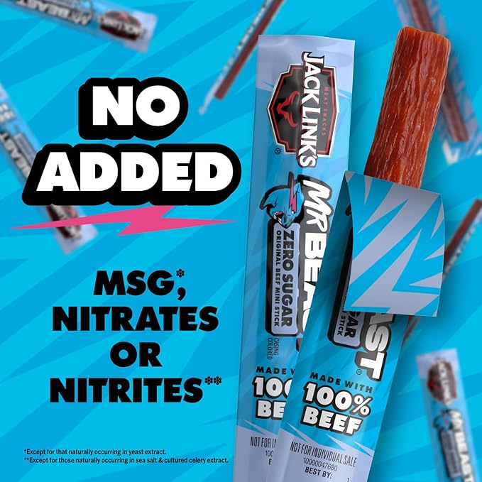 Jack Link’s x MrBeast Beef Sticks, Zero Sugar Mini Sticks, As Seen on Beast Games, 6g Protein, Made with 100% Real Beef, Pantry-Ready Snacks, (Pack of 24)