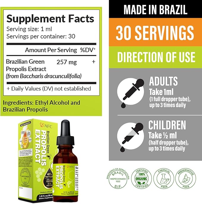 AFC Japan Brazilian Green Propolis Extract | Highest Artepilin C & Flavonoids for Antioxidant & Immune Support Pure Concentrated Liquid Extract Bee Propolis Tincture from Brazil (30ml/ 1Fl.Oz)