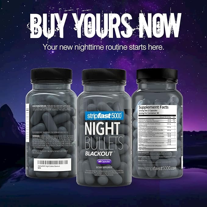 stripfast5000 Weight Management Support + Relaxation Capsules, Stimulant-Free for Women & Men, Night Bullets Blackout