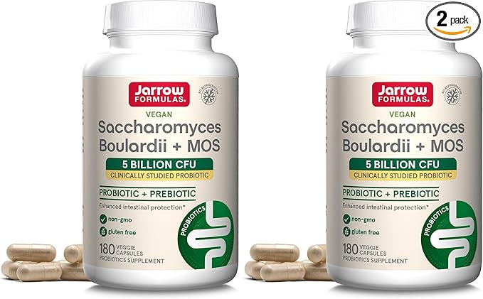Jarrow Formulas Saccharomyces Boulardii+MOS Probiotics for Digestive Health & Intestinal Tract Support-5 Billion CFU Per Serving-180 Delayed Release Caps - Probiotic+Prebiotic-180 Servings,(Pack of 2)
