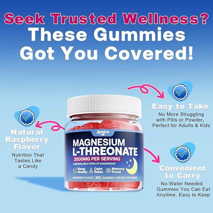 180 Count | 2 Pack Magnesium L-Threonate Gummies 2000mg, Magnesium Threonate Supplement for Adults & Kids, Support Cognition, Restful Sleep & Muscle Health, Sugar Free, Vegan, Non-GMO
