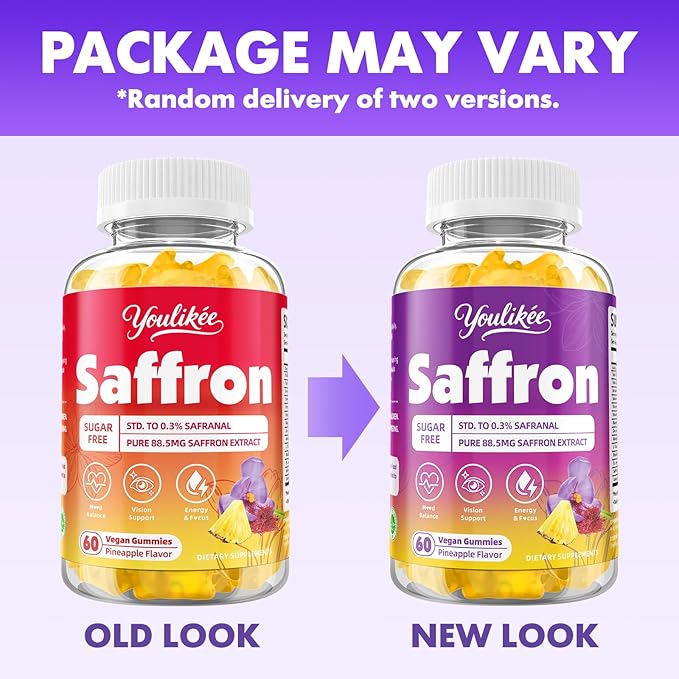 Saffron Gummies 88.5mg - Saffron Supplements with Magnesium, Rhodiola Rosea, Ashwagandha, L-Theanine, Vitamins D3 & B6, Zinc - Supports Antioxidant Function, Pineapple Flavor, 60 Count
