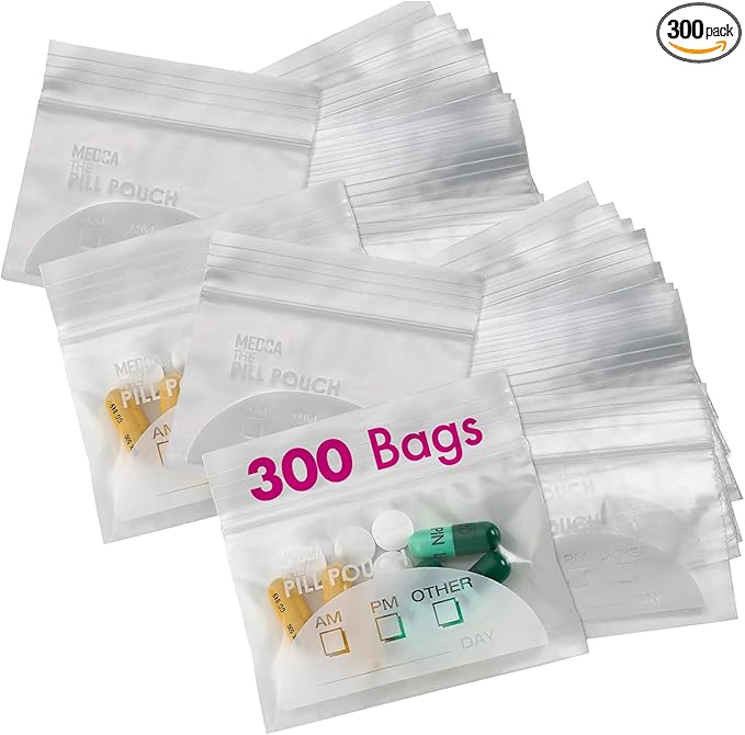Pill Pouch Bags - (Pack of 300) 3" x 2.75" - BPA Free, Poly Bag Disposable Zipper Pills Baggies, Daily AM PM Travel Medicine Organizer Storage Pouches, Best Clear Reusable with Write-on Labels