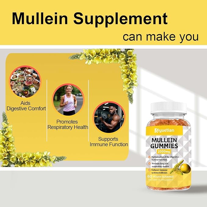 Mullein Gummies, 2000mg Organic Mullein Leaf Extract with Quercetin, Bromelain & Vitamin D3, Mullein Leaf Extract for Respiratory, Natural Lung Cleanse, Improve Appetite, Vegan, Non-GMO, 1 Pack