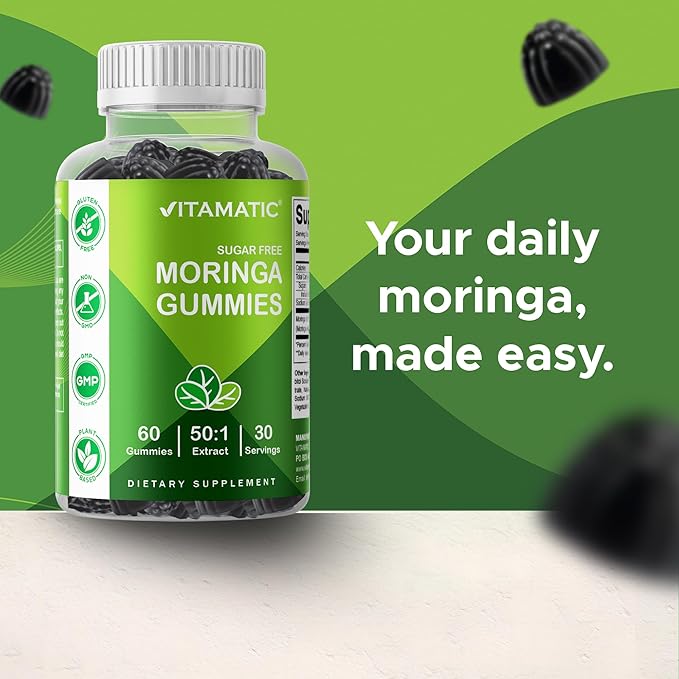 Vitamatic 2 Packs Moringa Gummies – Sugar-Free Botanical Extract – Green Superfood Supplement – Vegan, Pectin-Based, Non-GMO – Plant-Based Gummies – 60 Count