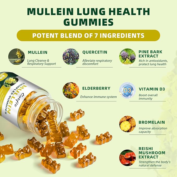 Catfit Mullein Gummies for Lungs – Mullein Leaf Extract with Quercetin, Elderberry for Respiratory & Immune Support,Lung Health & Breathing, Vegan, Pineapple Flavor, 60 Gummies