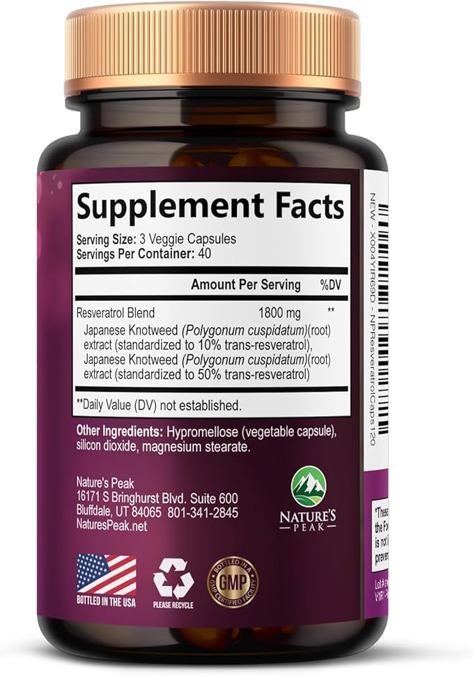 100% Natural Resveratrol 1800mg - 3X Strength Trans-Resveratrol Pills for Heart Health, Best Resveratrol Supplements, Potent Polyphenols Antioxidant Complex, Non-GMO, Bottled in USA - 120 Capsules