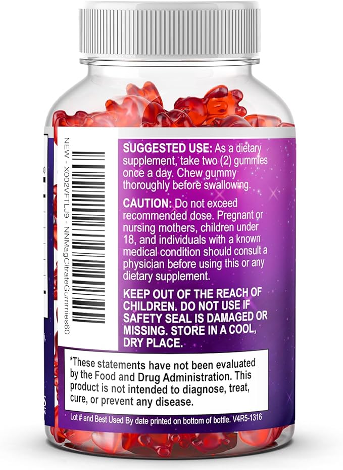 Magnesium Citrate Gummies for Adults & Kids - High Absorption Magnesium Supplements - Premium Calm, Relaxation, Muscle, Nerve, Bone & Heart Support - Great-Tasting Vegan Gummy Supplement - 60 Gummies