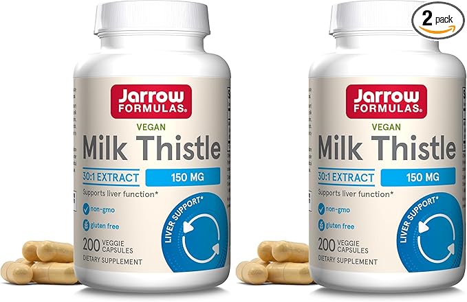 Jarrow Formulas Milk Thistle Supplement 150 mg 30:1 Milk Thistle Extract Standardized to 80% Total Flavonoids,Dietary Supplement for Liver Function Support, 200 Veggie Capsules for 200 Day,(Pack of 2)