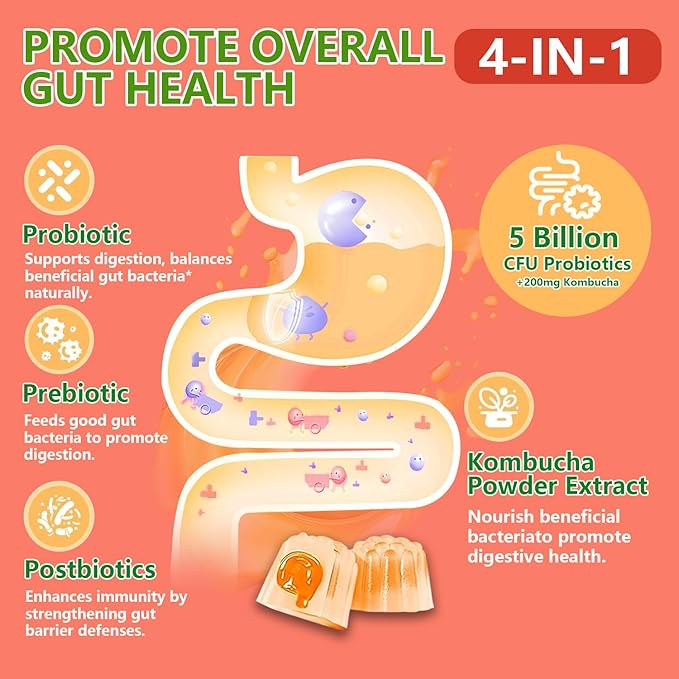 Probiotic Kombucha Gummies Sugar Free Prebiotic Postbiotic Probiotics Gummy for Women and Men Bloating Gut Health Immune and Digestive Support - 60 Gummies - 30 Servings