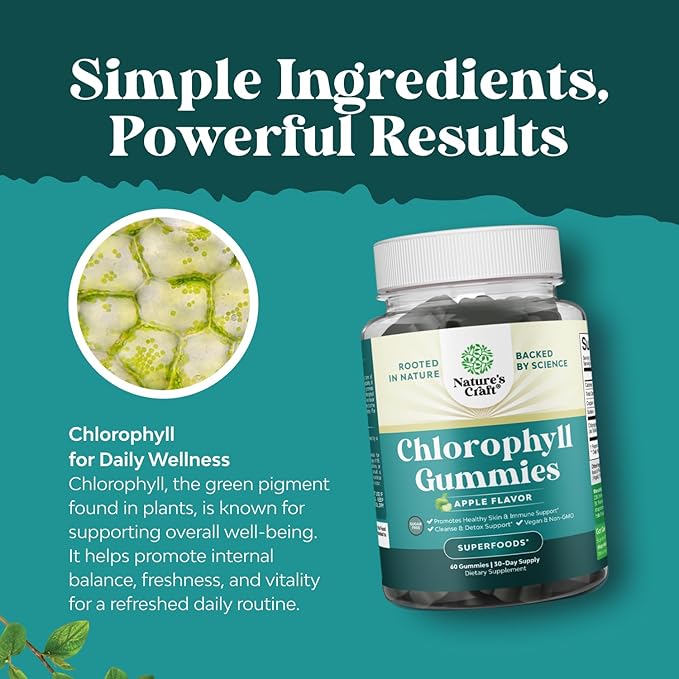 Chlorophyll Gummies for Cleanse & Detox Support - Potent Internal Deodorizer Chloropyll Supplements for Body Odor Healthy Skin Immunity & Digestive Support - Vegan Non-GMO & Gluten Free - 60 Count