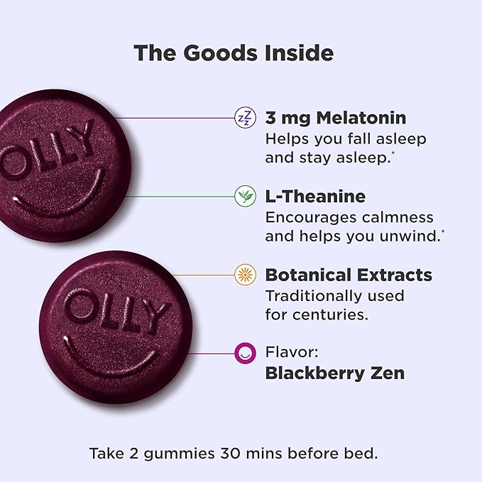 OLLY Sleep Gummy, 3 mg Melatonin, L-Theanine, Chamomile, and Lemon Balm Extracts, BlackBerry Flavor, 60 Day Supply - 120 Count