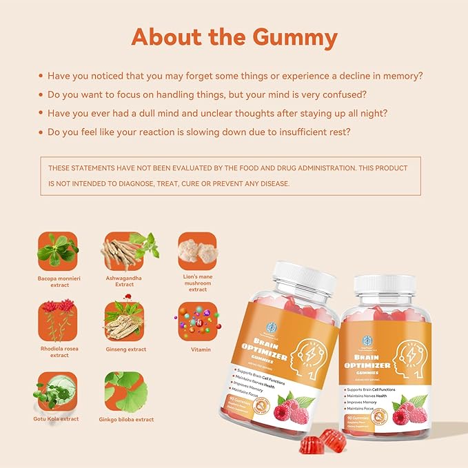 Gummies - Brain Supplement for Memory, Focus & Attention - Cognitive Support with Magnesium, Omega 3, Ashwagandha - 90 Count Raspberry Flavor