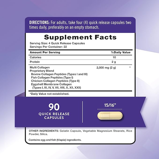 Nature's Truth Multi Collagen Peptides Capsules | Types I, II, III, IV, V, VII, VIII, X, XII & XXII | 2000 mg | 90 Count | Keto Friendly | Non-GMO and Gluten Free Supplement