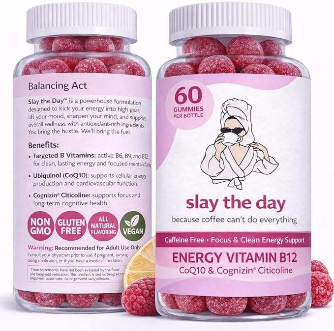 Balancing Act – Slay The Day Energy Gummies – Caffeine Free Focus & Clean Energy Support – with Vitamin B12, CoQ10 & Cognizin® Citicoline – Raspberry Lemonade – 60 Count (30 Day Supply)