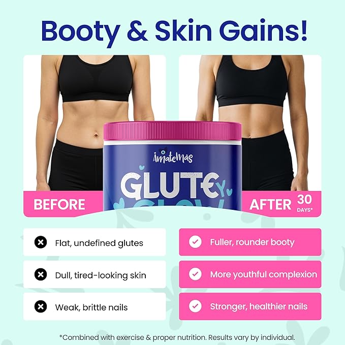 Glute Y Glow by Amatemas – Women's Creatine + Biotin Supplement for Muscle Growth, Glute Support, Hair Skin & Nails – Horchata Flavor – Energy Support – Lean Muscle – Daily Performance Blend