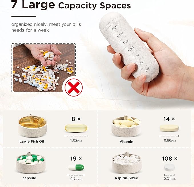 Zannaki 2 in 1 Pill Organizer with Cutter,Grain Fiber Weekly Pill Case Large Compartment Moisture Proof,Magnetic Lock,BPA Free Travel Hiking Pill Box 7 Day to Hold Pills,Vitamins,Fish Oil,Supplements