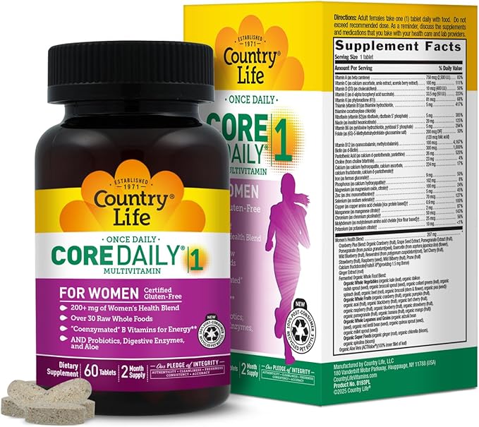 Country Life Women’s Core 1 Daily Multivitamin with Iron, Cranberry, Probiotics, and Digestive Enzymes-Certified Gluten-Free Formula for Energy, Immune Support and Complete Digestive Health,60 Tablets