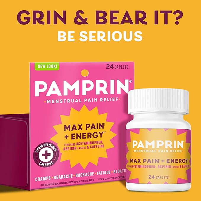 Pamprin Maximum Strength Max Pain and Energy Formula, Menstrual Period Symptoms Relief for Cramps, Bloating and Fatigue, 24 Caplets