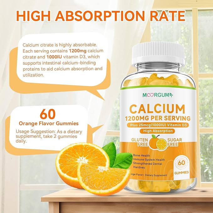 Calcium Citrate Gummies for Kids, Adult - 1200 mg with Vitamin D3 1000IU - Support Bone, Teeth, Immune Health, High Absorption Calcium and Vitamin D Supplement, Orange Flavor, 120 Count