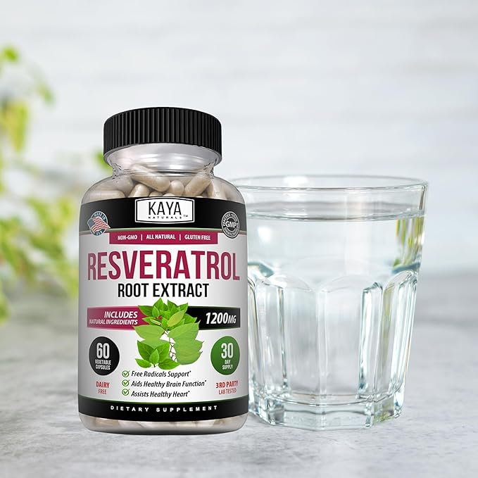 Kaya Naturals - Resveratrol Capsules - Anti Aging Supplement - Antioxidants with Brain Support - Maximum Benefits - 60 Veggies Capsules