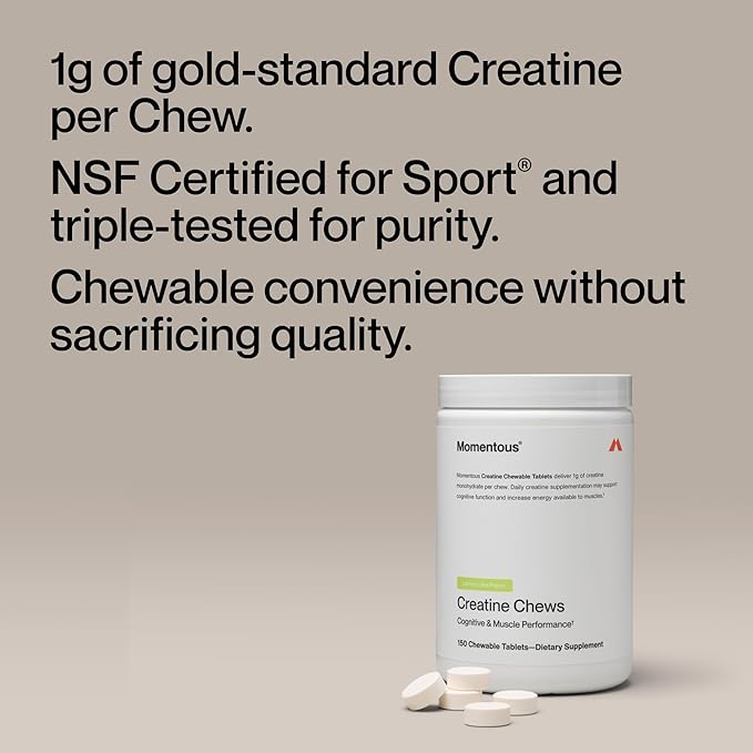 Momentous Creatine Chews - Creatine Monohydrate - Supports Strength, Lean Muscle, & Recovery for Men & Women - NSF Certified for Sport - 150 Chewable Tablets - Lemon Lime