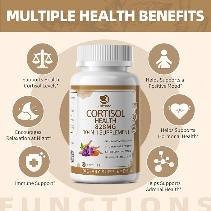 10-IN-1 Cortisol Supplements w/ KSM-66® Ashwagandha 300mg + L-Theanine 250mg, Magnesium Glycinate, Saffron, Phosphatidylserine, Turmeric & Vitamin C D3 B6 B5, For Women Men, 120 Capsules 60-Day Supply