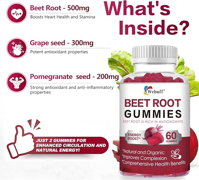 Beet Root Gummies — Nitric Oxide Booster with Organic Beet, Pomegranate & Grape Seed, Vitamin B12 — Energy, Circulation & Heart Health Support, Vegan, Non-GMO, 60 Count (Pack of 2)