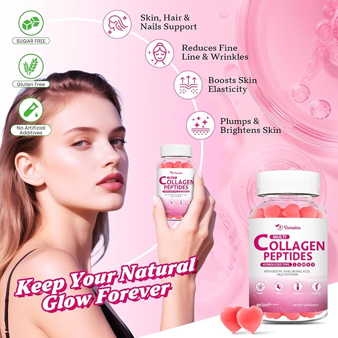 Multi Collagen Peptides Gummies, Collagen Gummies for Women & Men, Type I,II,III,V,X Protein with Biotin, Hyaluronic Acid, Vitamin C for Healthy Skin Support, Strawberry Flavored, Sugar Free, 60Cts