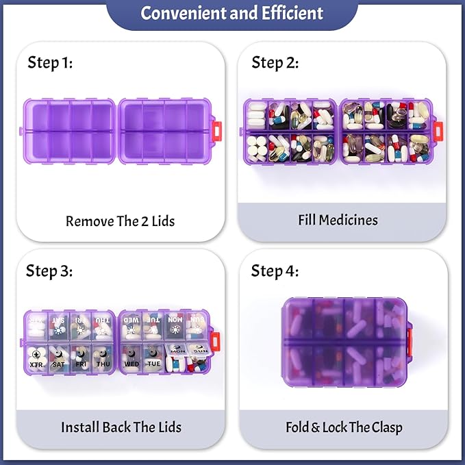 Foldable Weekly Pill Organizer 2 Times a Day with 2 Extra Compartments (Clear Printed Labels) - 7 Day AM PM Medicine Box, Week Daily Travel Pill Case Holder for Vitamin, Supplement - Clear Purple