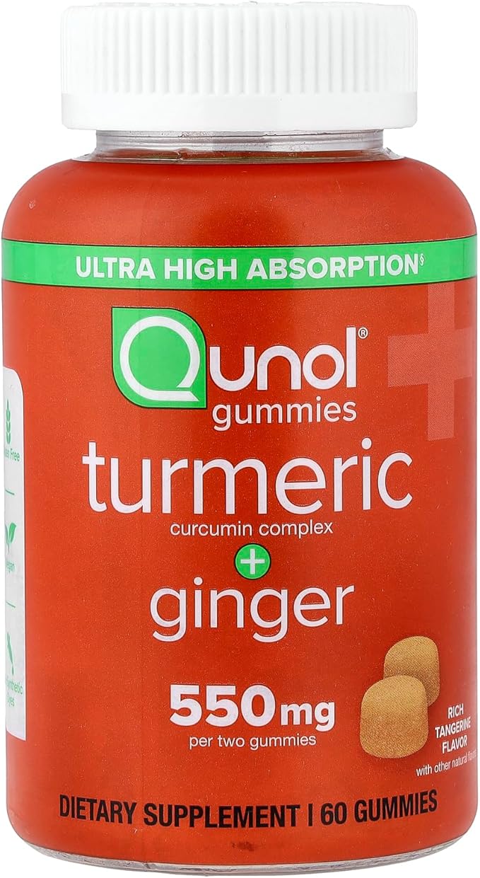 Qunol Turmeric and Ginger Gummies, Turmeric Curcumin Supplement + Ginger, Joint Support Gummy, Ultra High Absorption, Vegan, Gluten Free, 1 Month Supply, 60ct Gummies
