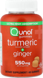 Qunol Turmeric and Ginger Gummies, Turmeric Curcumin Supplement + Ginger, Joint Support Gummy, Ultra High Absorption, Vegan, Gluten Free, 1 Month Supply, 60ct Gummies
