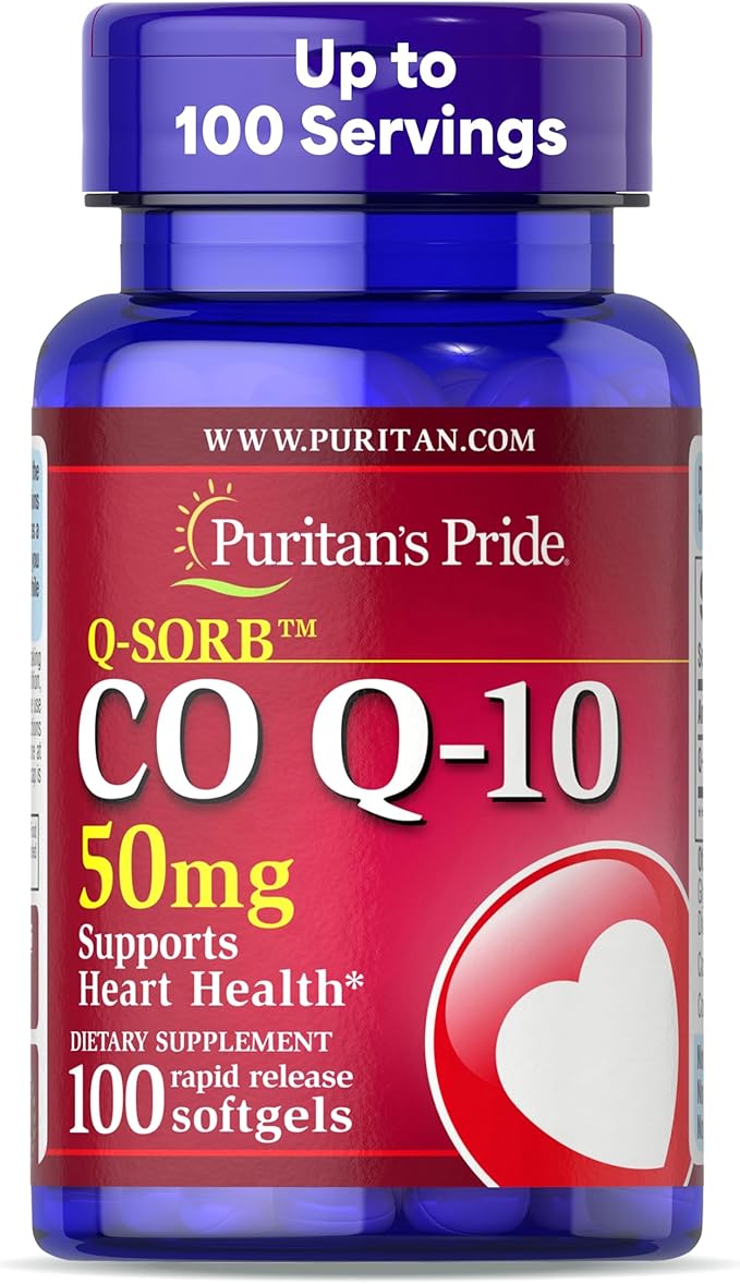 Puritan's Pride Coenzyme CoQ10 50mg, Dietary Supplement for Heart Health, Blood Pressure, Oral Gum Health, and Healthy Aging Support, 100 Servings, Rapid Release Softgels