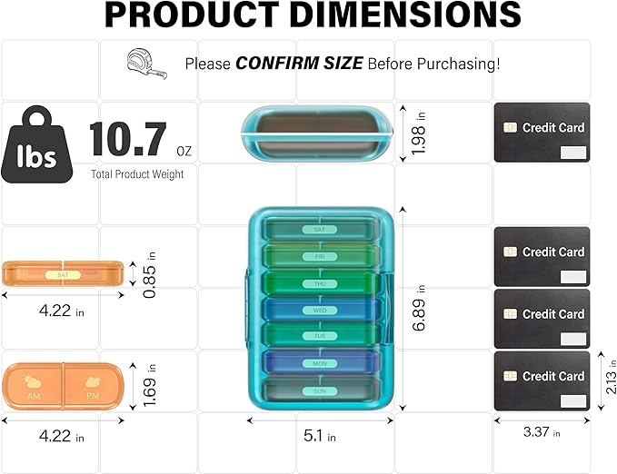 Weekly Pill Organizer 2 Times a Day, 7 Day Pill Box 2 Times, Portable for Travel Pill Case for Pills/Vitamin/Fish Oil/Medication/Supplements (2x7 Blue+Rainbow)
