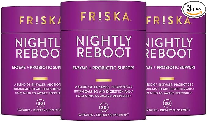 Friska Nightly Reboot - Nighttime Digestive Enzymes, Probiotic for Gut Balance & Bloating Support, with Melatonin & Chamomile to Promote Relaxation & Sleep, 90 Capsules