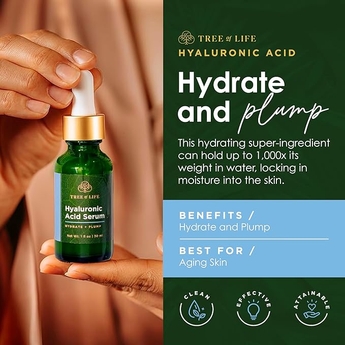 Tree of Life Beauty Hyaluronic Acid Serum, Skin Brightening Face Oil for Dark and Age Spots, Facial Serums for Dry and Sensitive Skin Care with Vitamin E for Soft Smooth Skin, 2 Fl Oz