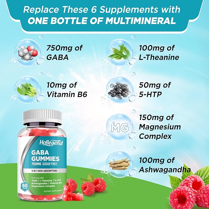 GABA Gummies, Sugar-Free Stress Relief Gummies for Adults, High-Potency GABA L-theanine Supplement with Magnesium, Ashwagandha, 5-HTP & Vitamin B6 for Zzz & Brain Health, Vegan, 60