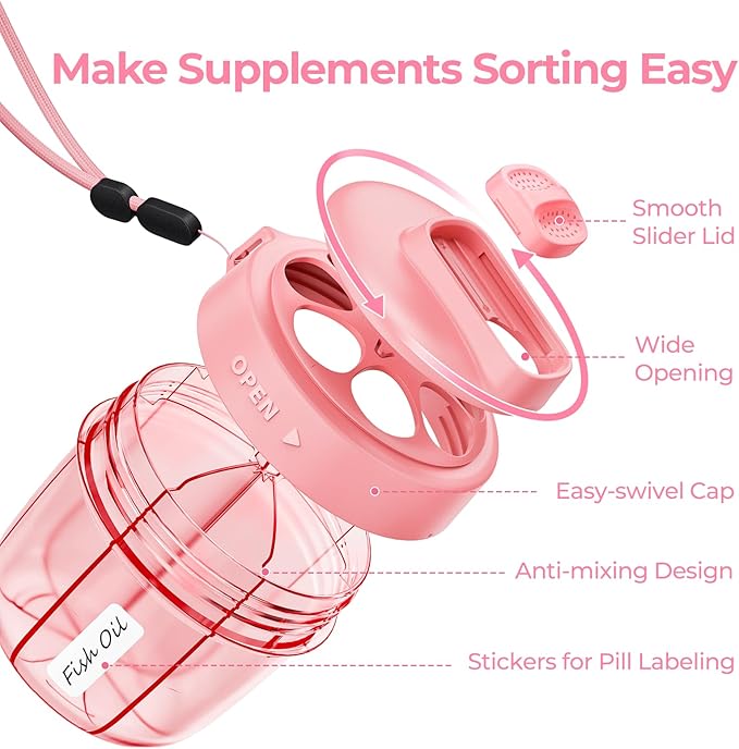 AUVON Portable Pill Dispenser to Store 7 Various Supplements, Travel Pill Organizer Bottle with Anti-Mixing Design, Arthritis-Friendly Pill Container with Wide Opening & Slider Lid, 20 Blank Stickers