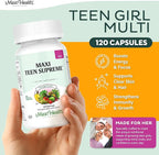 Maxi Health Teen Vitamins for Girls 12-17 - Teen Multivitamin D3, Iron, Calcium, Biotin, Zinc, Digestive Enzymes – Teenager Girl Multi Vitamins for Healthy Skin, Immune & Mood Support – 120 Count