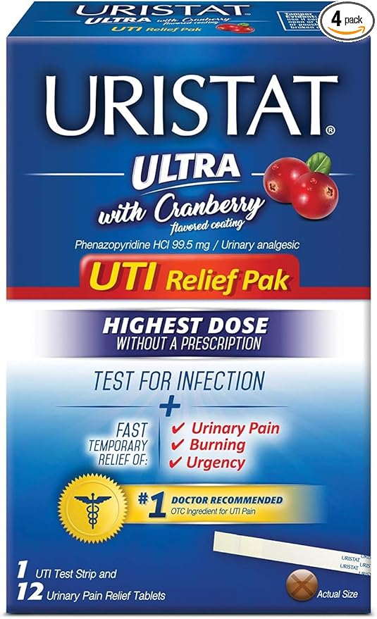 URISTAT Ultra UTI Relief Pack, 1 UTI Test Strip & 12 Pain Relief Tablets (Pack of 4)