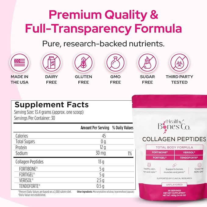 FORTIBONE® Premium Bone Health Collagen Peptides w/FORTIGEL®, VERISOL®, TENDOFORTE® | Clinically-Supported for Bones Joints Skin Hair Nails | Hydrolyzed Collagen Anti-Aging Formula | 30 Servings
