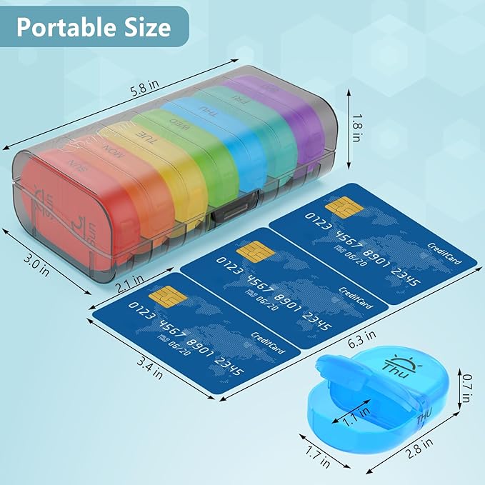 Serfeymi Weekly Pill Organizer 2 Times a Day Travel Medicine Pill Organizer AM PM Pill Box 7 Day with Protection Pill Case Daily Medication Organizer For Vitamins, Fish Oil-Black Case+Rainbow Pill box