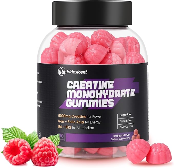 Creatine Monohydrate Gummies 5000mg w/Iron, Vitamin B6 & B12, Sugar Free 5g Creatine Supplements for Women and Men Boost Energy & Muscle Recovery - 90 Raspberry Gummies