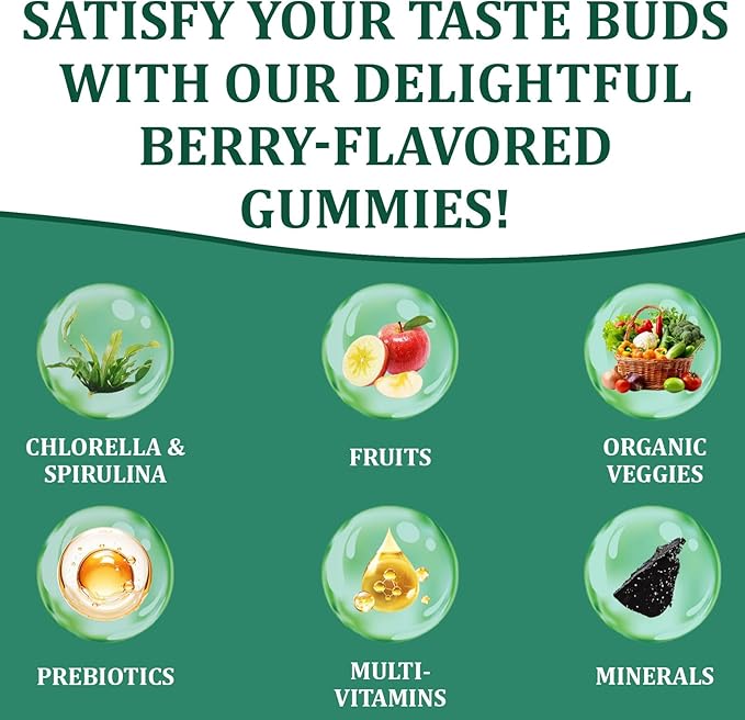Greens Gummies, Daily Greens Gummies with Organic Chlorella and Spirulina, Digestive & Gut Health, Low Sugar, Formulated with 60+ Ingredients, Individual Packets,160 Gummy Bear