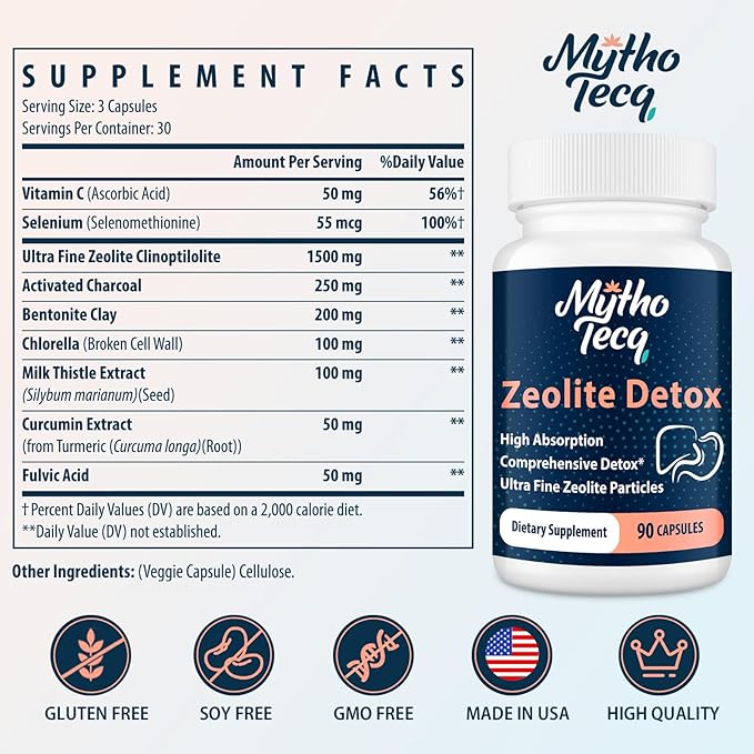 2300 MG Zeolite Detox Capsules - Activated Charcoal & Bentonite Clay, Highly Absorbable Full Body, Liver & Gut Cleanse, Zeolite Clinoptilolite（90 Capsules）